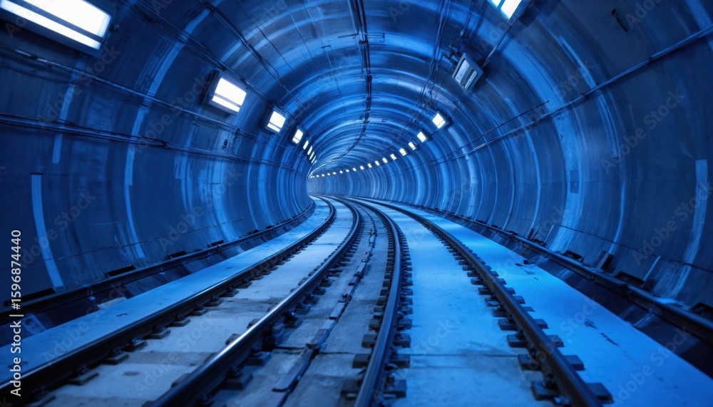 Poster dark gray concrete tunnel with curved lines, blue railway lines stretching out from walls, curving a