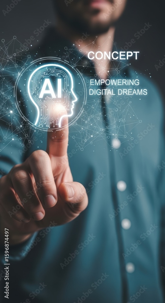 Aufkleber man touching glowing a i head circuit board concept with network lines artificial intelligence techn