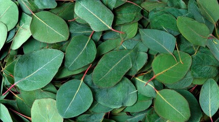 Fototapeta premium Close-up view of many vibrant green eucalyptus leaves.