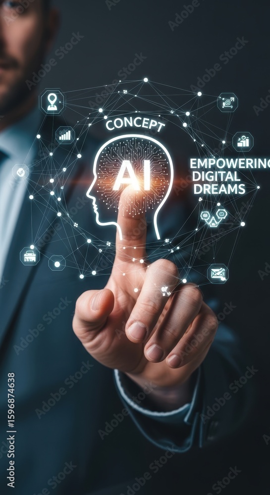 Aufkleber man touching glowing a i head concept with digital network and icons artificial intelligence technol