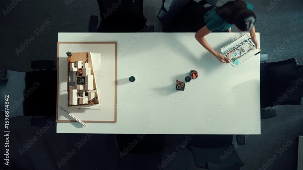 Poster top down aerial view of businesswoman writing and planning blueprint while sitting at meeting at mee