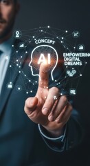 Man touching glowing A I head concept with digital network and icons artificial intelligence technology