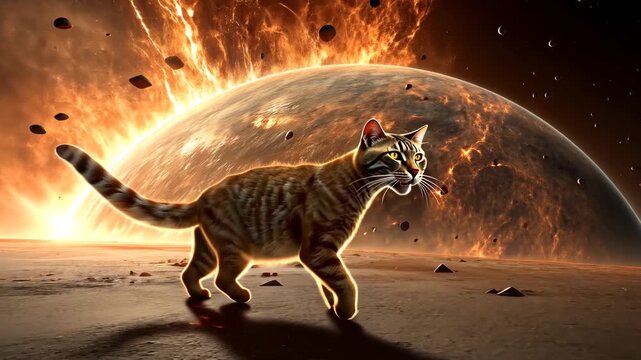 Exploding Planet Behind Fierce Tabby