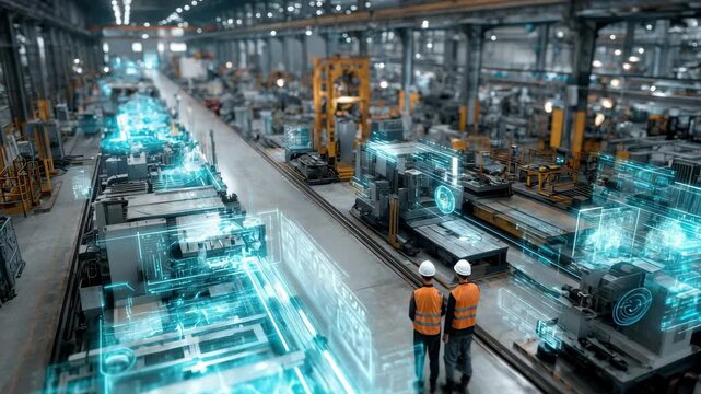 Smart Factory Workers Inspecting Automated Machinery with Digital Overlay, 4k video footage - Powered by Adobe