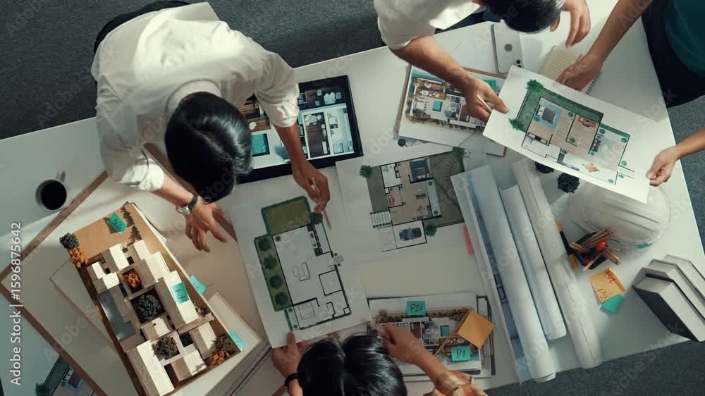 Poster top down view of smart architect engineer measure blueprint by using architectural equipment while g