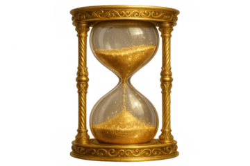 Golden hourglass with golden sand falling, measuring precious time, isolated on transparent background