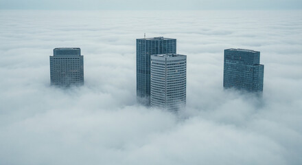 Aerial view of skyscraper tops emerging through thick fog
