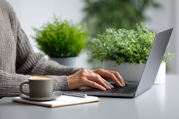 person working on a laptop in a cozy home setting, coffee cup, notepad, minimal desk, indoor plants, natural daylight, modern home office scene 