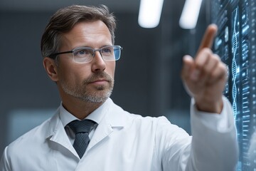 scientist in a lab coat analyzing a digital interface with DNA structure, futuristic medical technology, glowing touchscreen UI, sterile lab environment