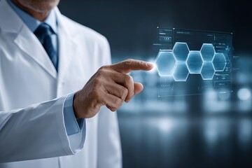 scientist in a lab coat analyzing a digital interface with DNA structure, futuristic medical technology, glowing touchscreen UI, sterile lab environment