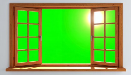 Open wooden window with bright green screen and sunlight