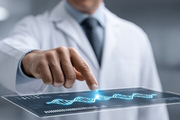scientist in a lab coat analyzing a digital interface with DNA structure, futuristic medical technology, glowing touchscreen UI, sterile lab environment