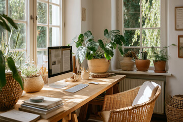 Fototapeta premium A clean wooden desk bathed in natural light, featuring a monitor, keyboard, and a vibrant collection of indoor plants, creating a refreshing and productive home office environment.