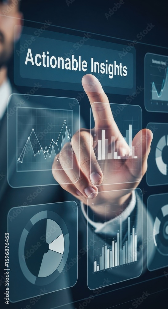 Aufkleber man touching screen displaying actionable insights and financial charts business finance