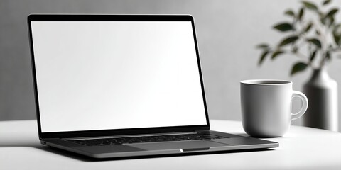 angled laptop mockup on minimalist white desk, large horizontal screen showing editable blank interface, coffee cup nearby, clean web design presentation