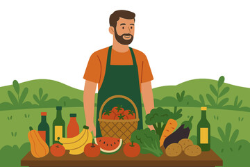 Vector illustration depicting an Indian vendor selling spices and fruits at a marketplace