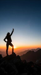 A Confident Businesswoman Celebrates Victory on a Mountain Peak at Sunset
