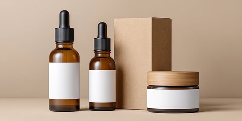 Obraz premium flat lay of skincare product branding kit dropper bottle, cream jar, packaging box all with blank white label areas, soft shadows, beige background