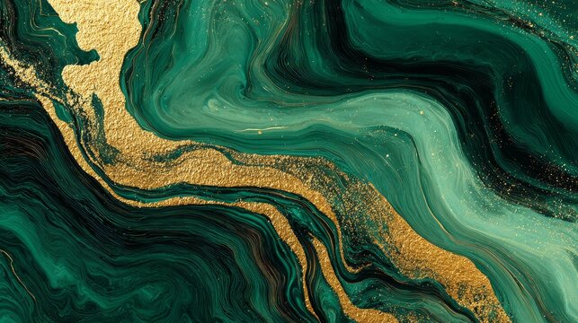 Abstract fluid marble texture with gold veins on deep emerald green background