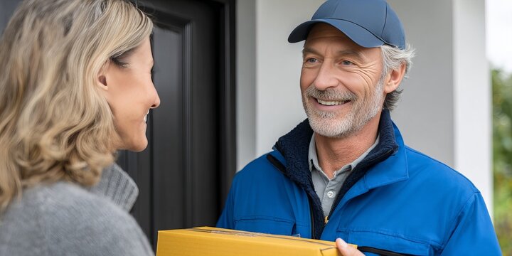 courier handing over a parcel to a happy customer at home, eco-friendly packaging, front porch setting, natural daylight, smiling faces - Powered by Adobe