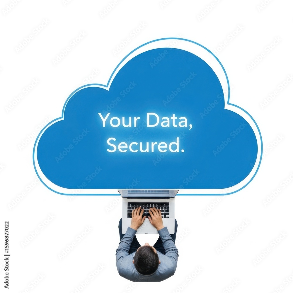 Aufkleber man typing on laptop under blue cloud graphic with text your data secured cloud computing data secur