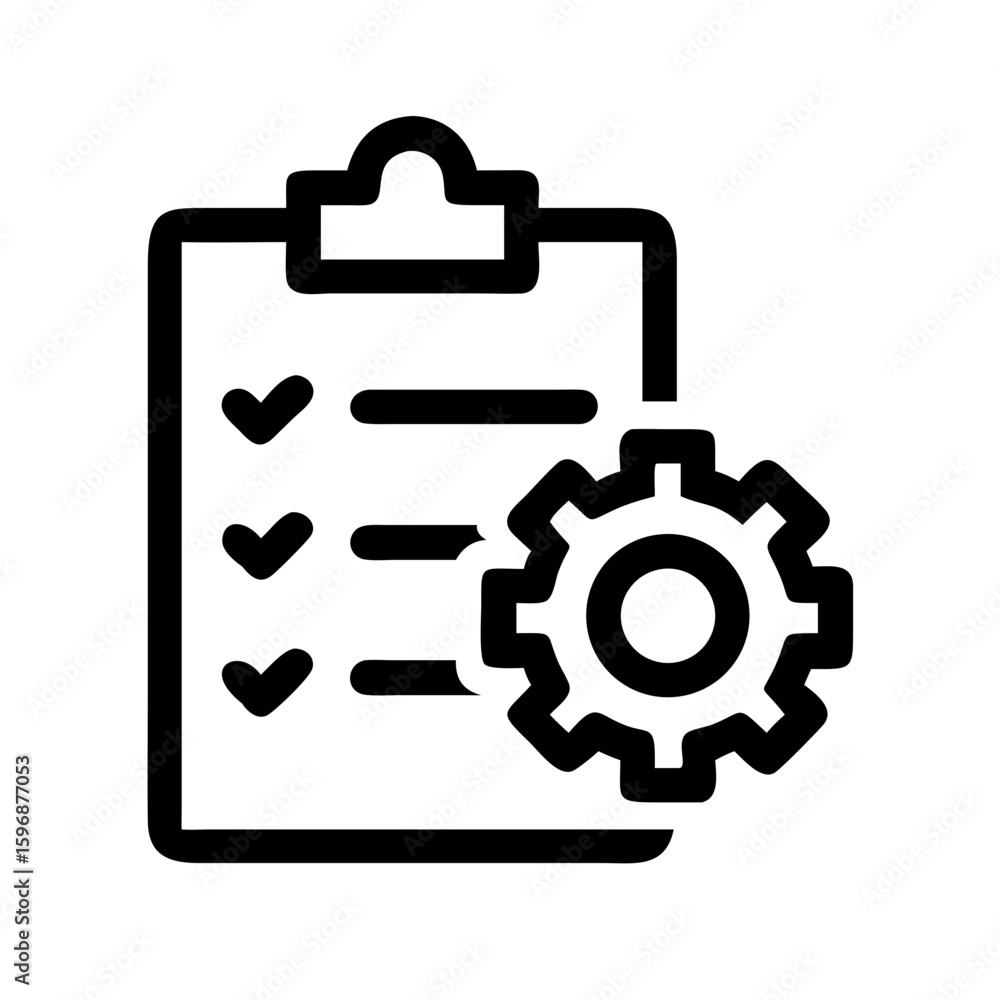 Poster Checklist process automation icon vector, task management, workflow optimization, settings gear icon