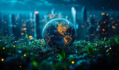 Glowing Earth Globe with City Lights Emerging from Lush Greenery Symbolizing Environmental Technology and Urban Sustainability Concept at Night