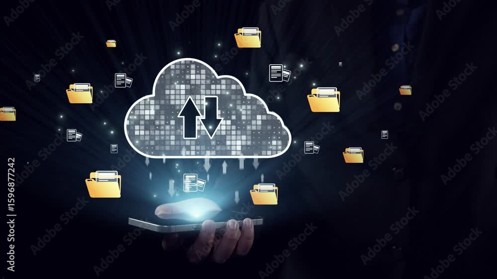 Poster this image depicts a digital cloud storage concept showcasing file transfers and data management on 