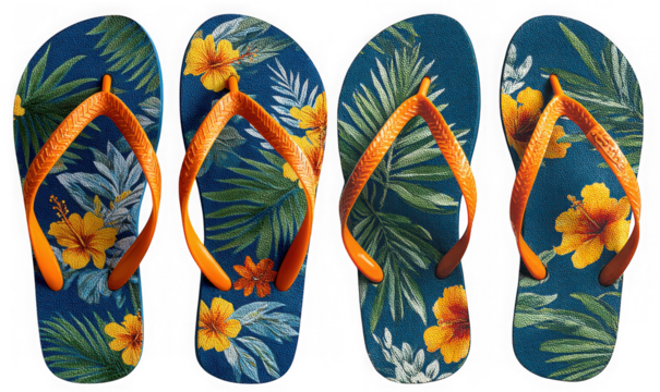 Four tropical floral flipflops with orange straps isolated on white isolated on transparent background