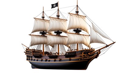 Full shot of a large sailing ship.  Dark hull, white sails, black pirate flag.  Isolated on white background