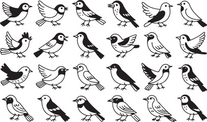 Obraz premium Black and white birds in various poses illustration drawing