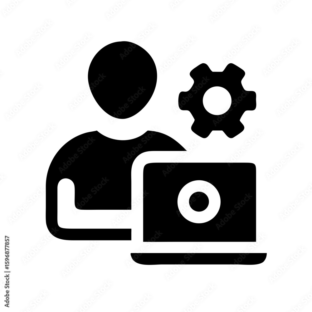 Poster freelancer working on laptop with gear icon for software development and system configuration task
