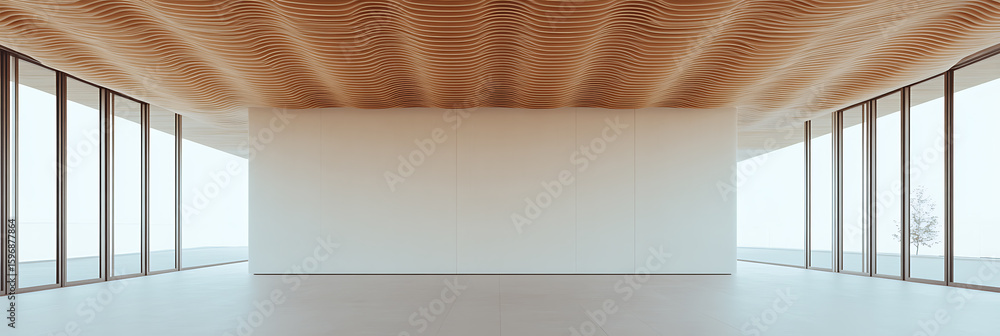 Poster minimalist architecture featuring a decorative, wave-patterned ceiling and expansive windows providi