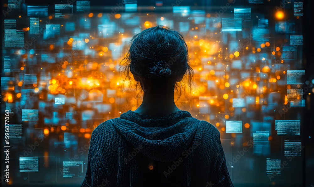 Aufkleber back view of person facing digital data screens and glowing interface elements representing futurist