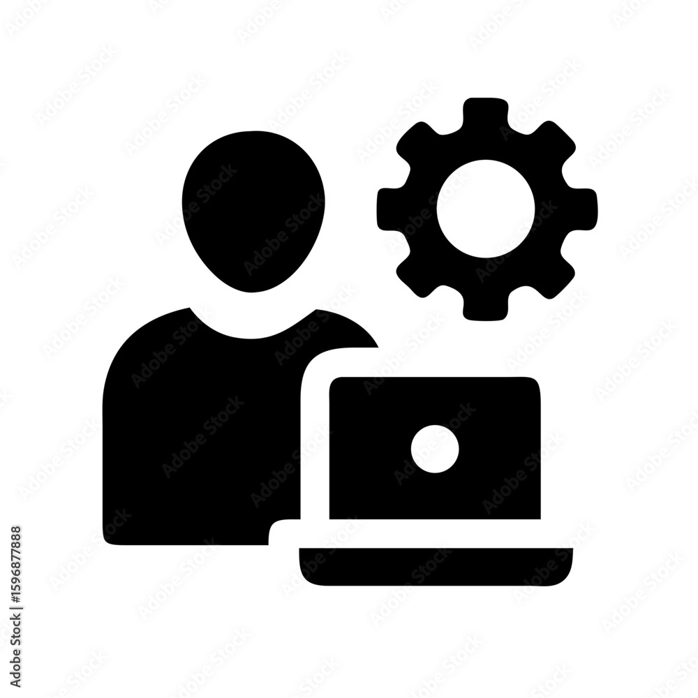 Poster person working on laptop with gear icon for settings and configuration management concept use case