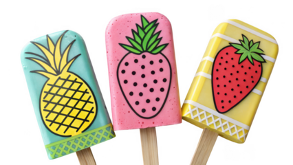 Three colorful fruit popsicles with pineapple and strawberry designs isolated on transparent background
