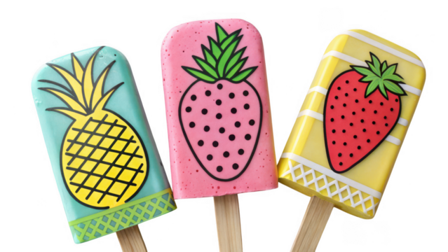 Three colorful fruit popsicles with pineapple and strawberry designs isolated on transparent background