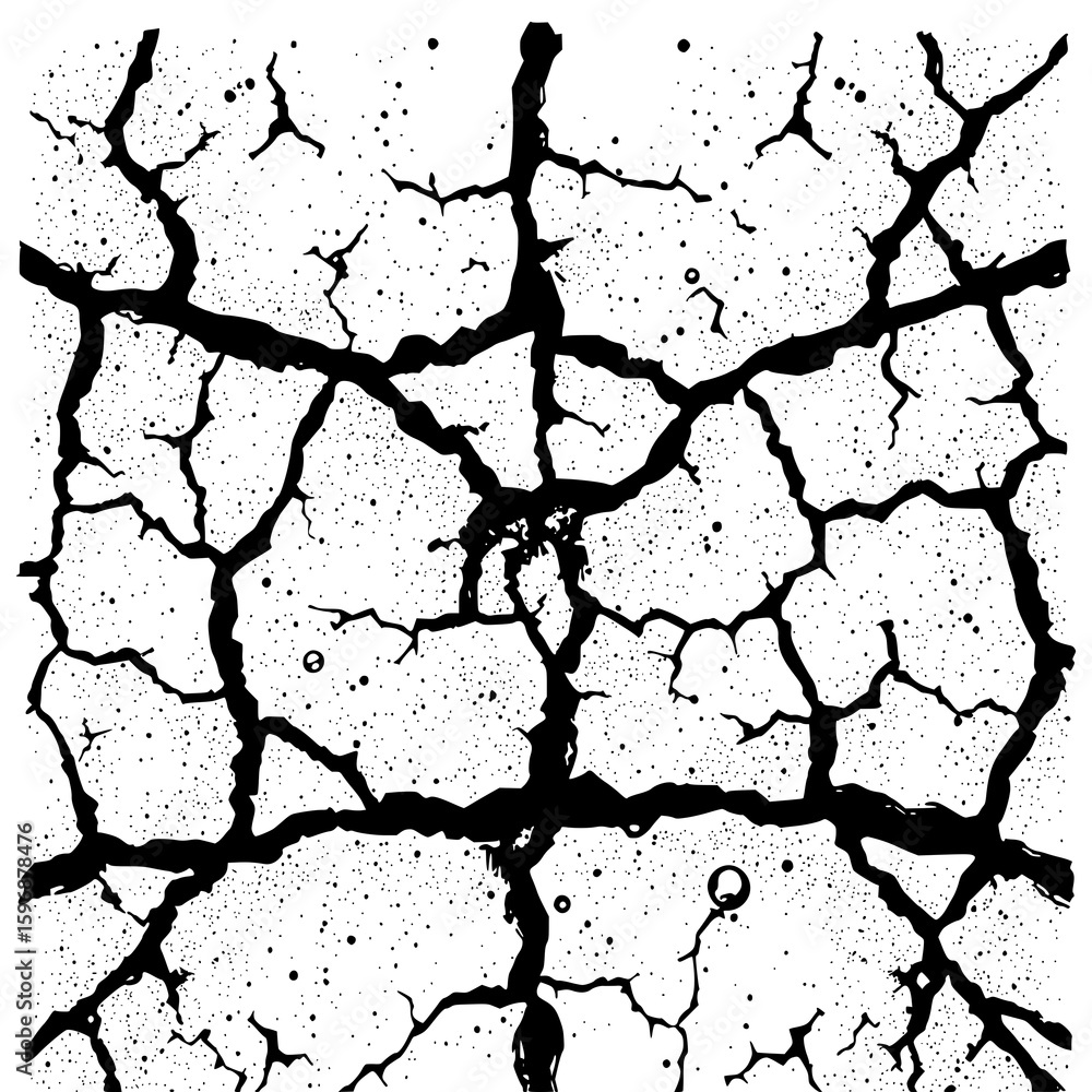 Poster cracked surface: a stark monochrome illustration depicts a network of deep cracks spreading across a