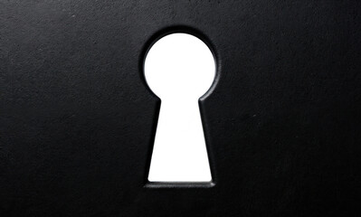 Close-up of black keyhole on white background. Iconic symbol of security, access. Keyhole represents entrance, lock, metal security. Simple yet effective design for info, signs, business concept.
