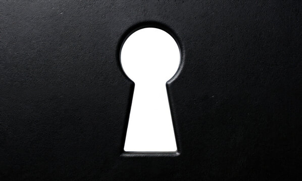 Close-up of black keyhole on white background. Iconic symbol of security, access. Keyhole represents entrance, lock, metal security. Simple yet effective design for info, signs, business concept.