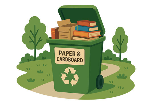 Vector concept for waste paper recycling, suitable for a landing page, template, ui, or web, featuring repurposed and reused cardboard and printing paper