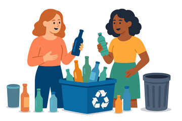Flat vector illustration of young girls sorting garbage near a trashcan with organic waste, promoting a zero-waste and sustainable lifestyle while caring for nature and the environment