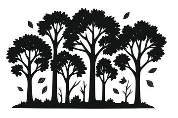 Fototapeta premium Illustration of a vector black and white forest landscape representing an environment friendly concept, complete with trees, flowers, and bushes, suitable for ecological or outdoor camping themes
