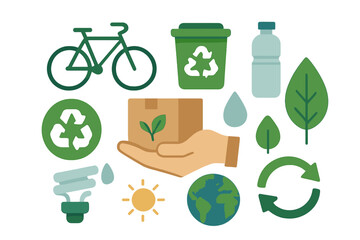A set of flat line icons representing a zero waste lifestyle, including refuse, reduce, reuse, recycle, and eco-friendly symbols, available as an editable vector illustration with orange outline