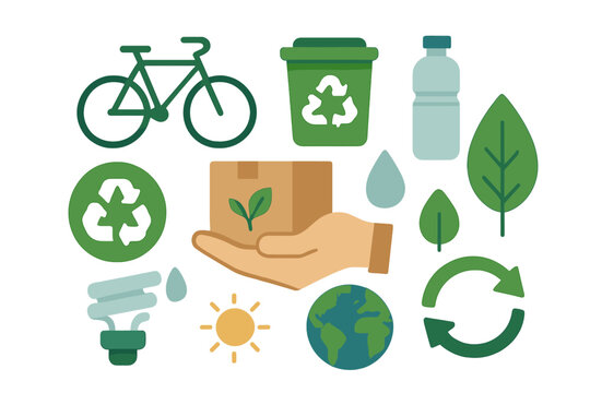 A set of flat line icons representing a zero waste lifestyle, including refuse, reduce, reuse, recycle, and eco-friendly symbols, available as an editable vector illustration with orange outline