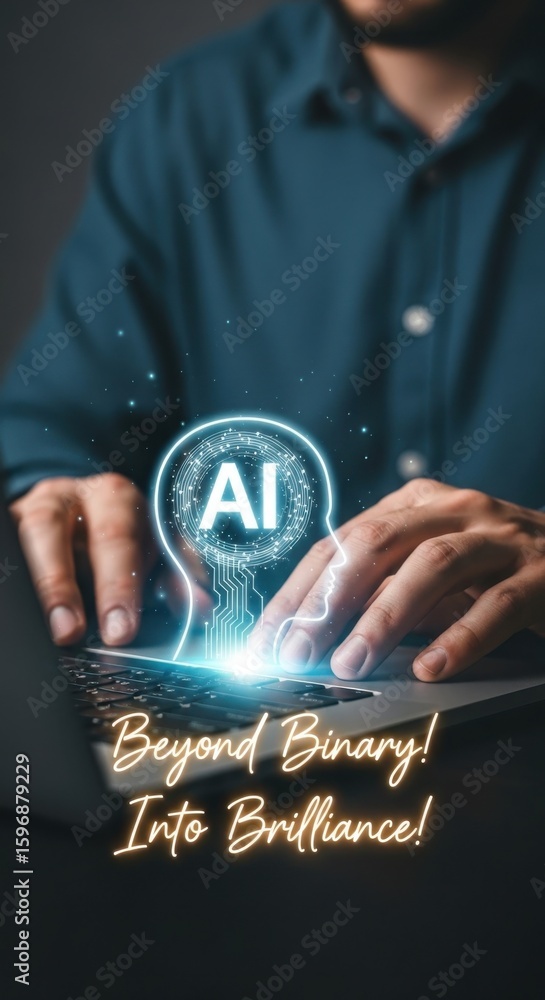 Poster man typing on laptop with glowing a i head symbol and inspirational text artificial intelligence tec
