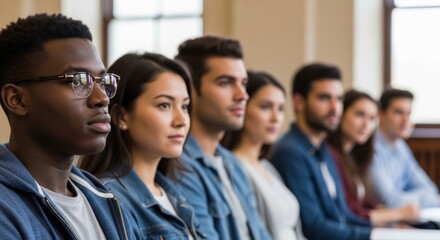 Naklejka premium Diverse students attentively listen during a lecture in a classroom