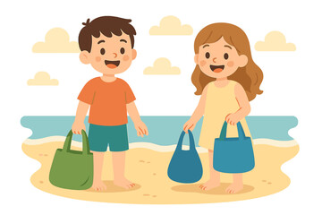 Children are cleaning the beach of polluting plastic bottles