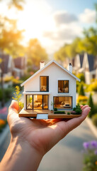 A Hand Holds a Miniature Modern House Against a Sunlit Suburban Backdrop
