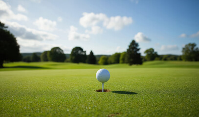 Golf ball in hole on lush green golf course. Golfers stand on well-manicured grass path with clubs and bag nearby. Serene summer scene with sunlight and tranquil atmosphere.